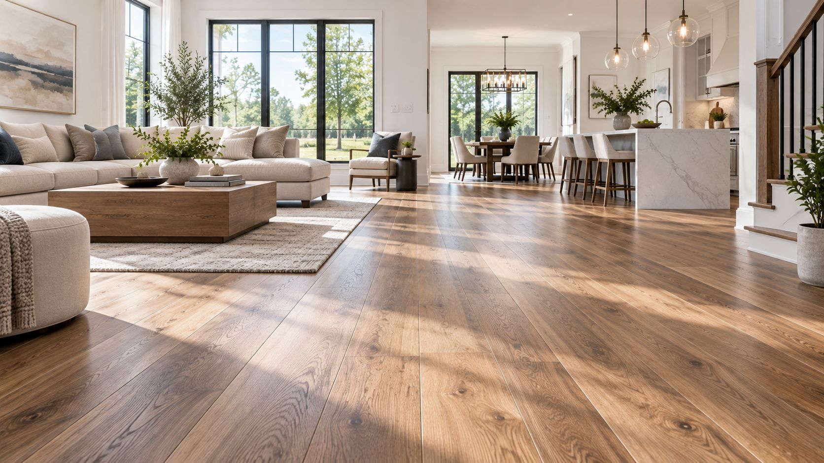 Wide plank flooring installed in a residential living room