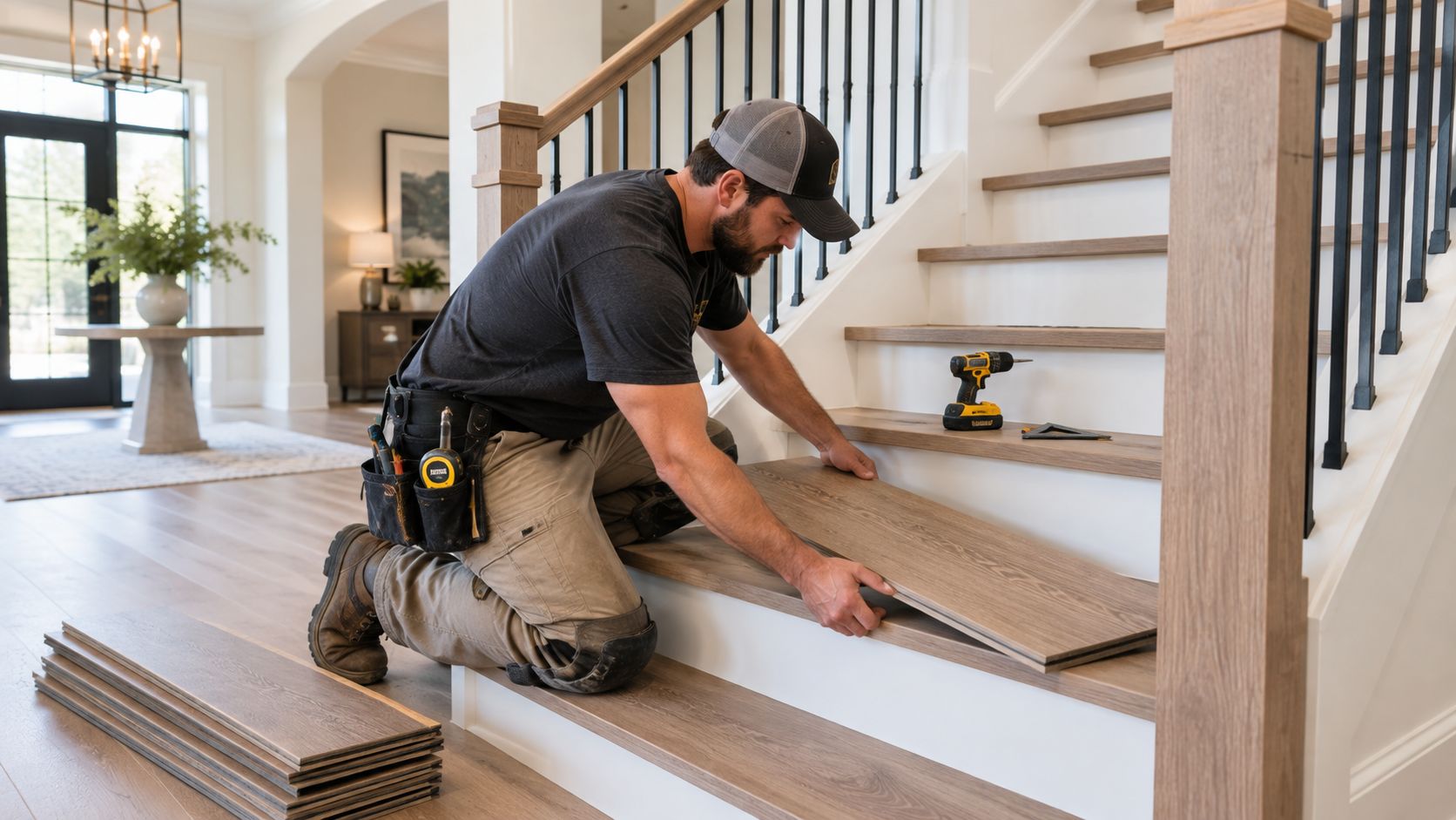 Installer fitting a stair tread with a drill