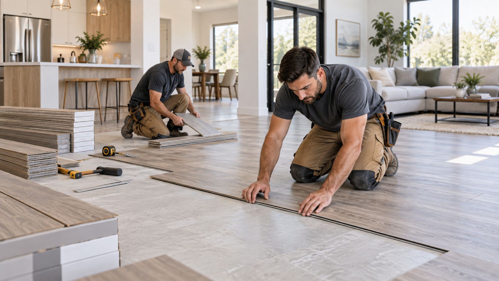 Two flooring installers fitting plank flooring in a home