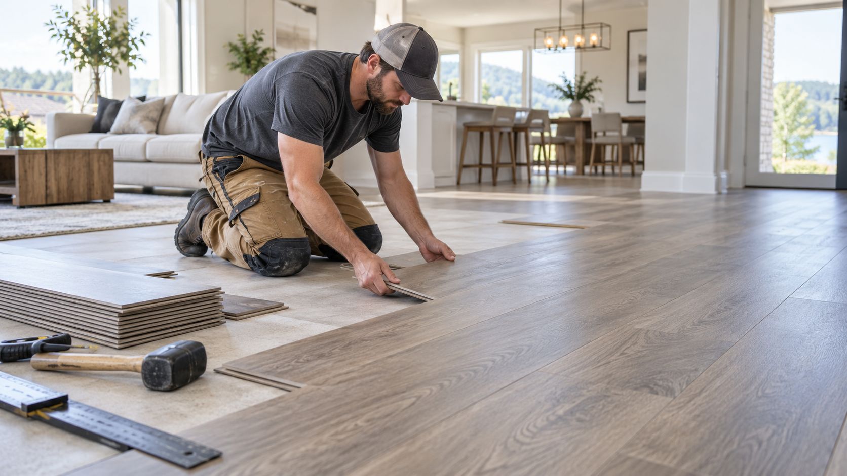 Installer laying plank flooring in a bright living room
