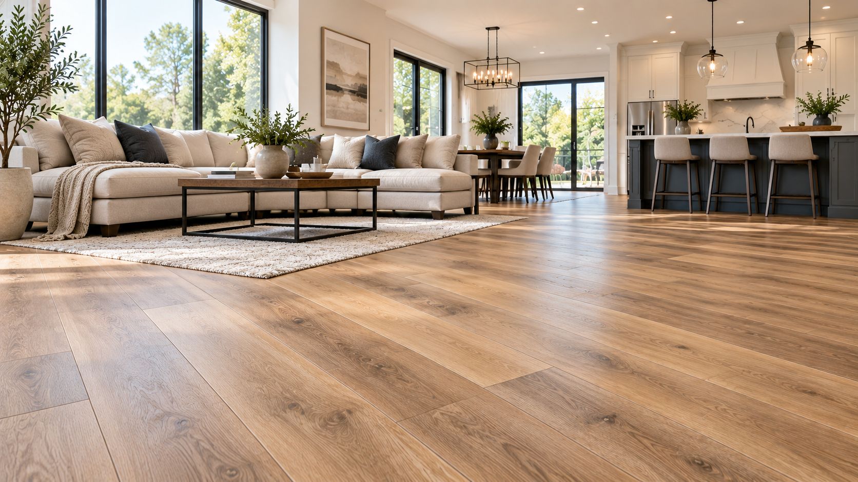 Open-concept kitchen and living area with hardwood flooring
