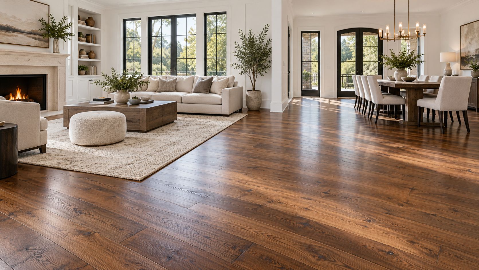 Finished living and dining room with wide-plank hardwood flooring