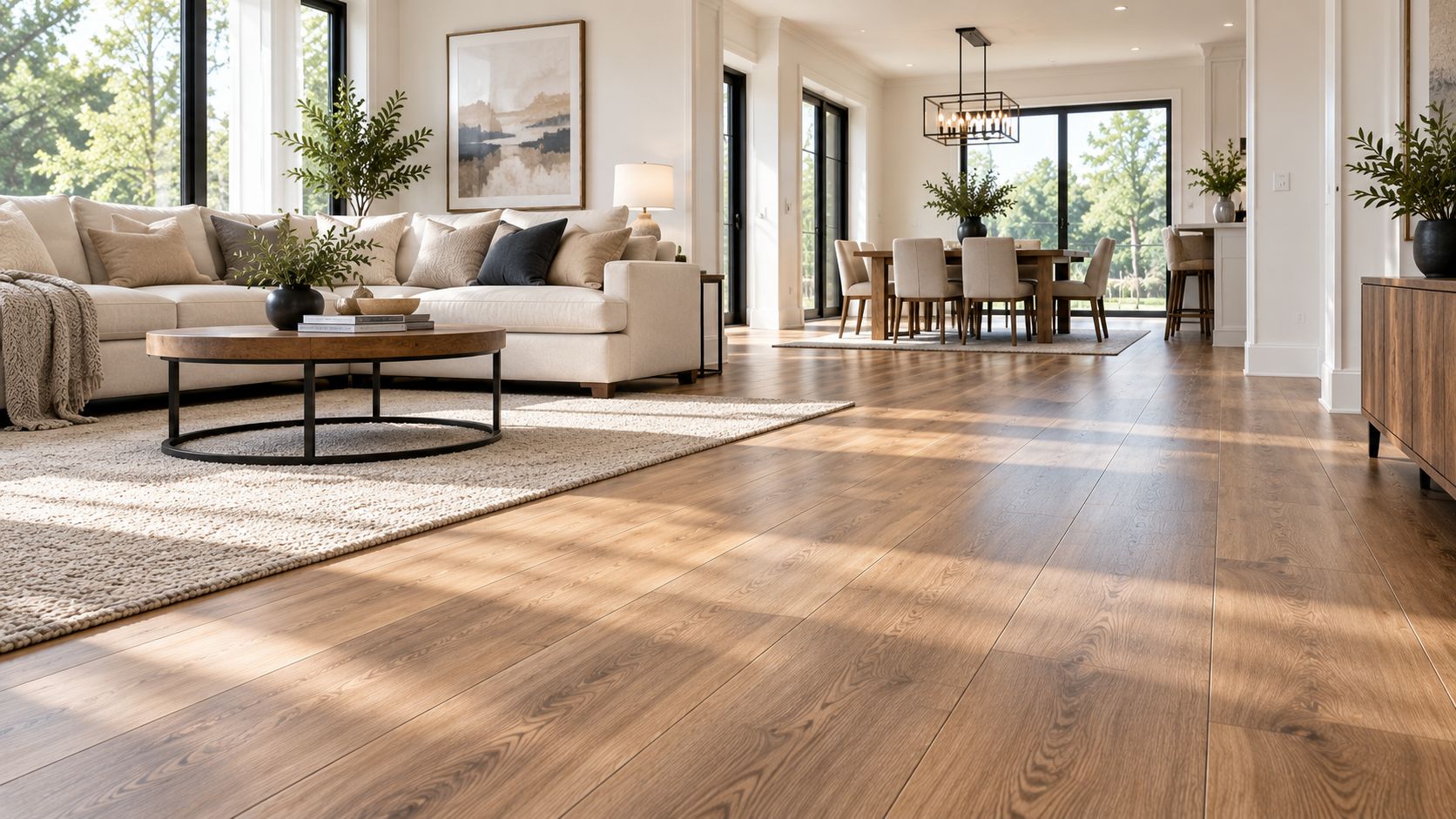 Wide open-concept living and dining space with hardwood flooring