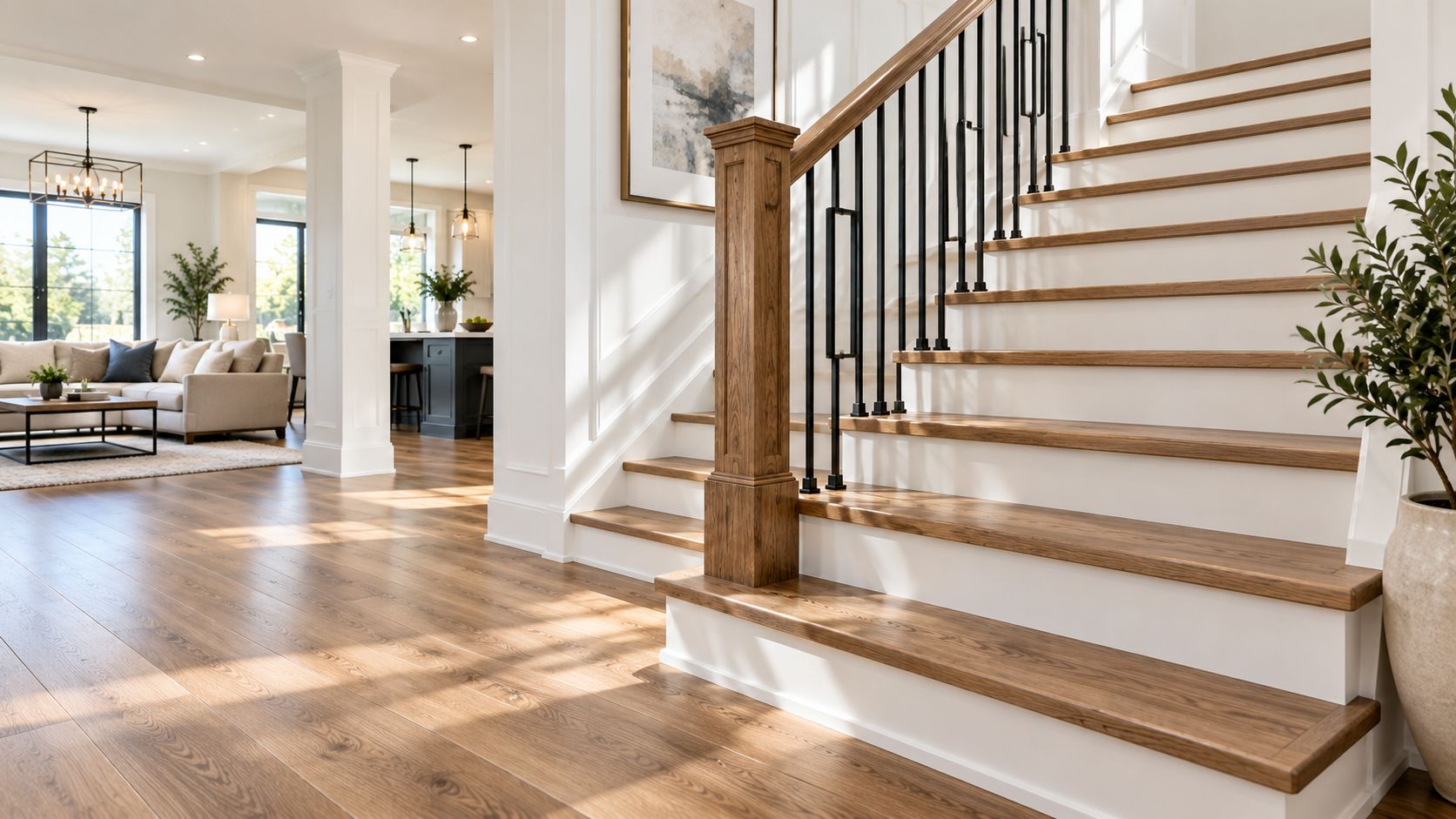 Hardwood staircase with treads, risers and nosing