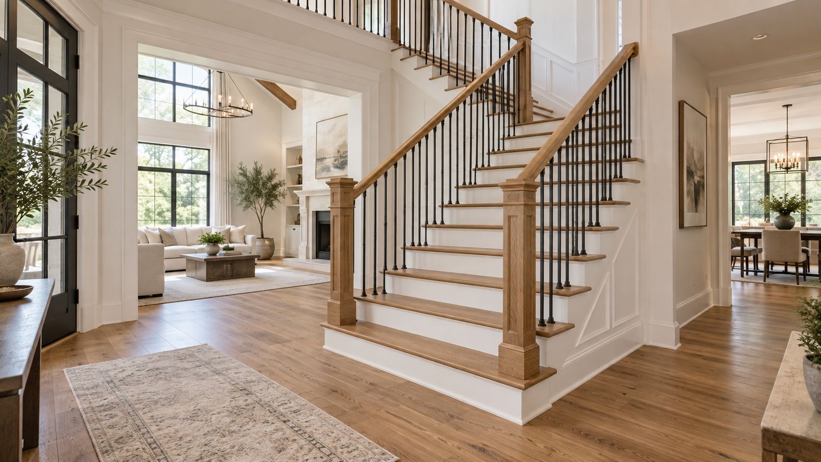 Finished staircase with oak treads and black metal railing